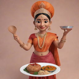 Generate an image of a mascot inspired by Varanasi women, dressed in traditional attire, holding cooking utensils and a plate full of food.