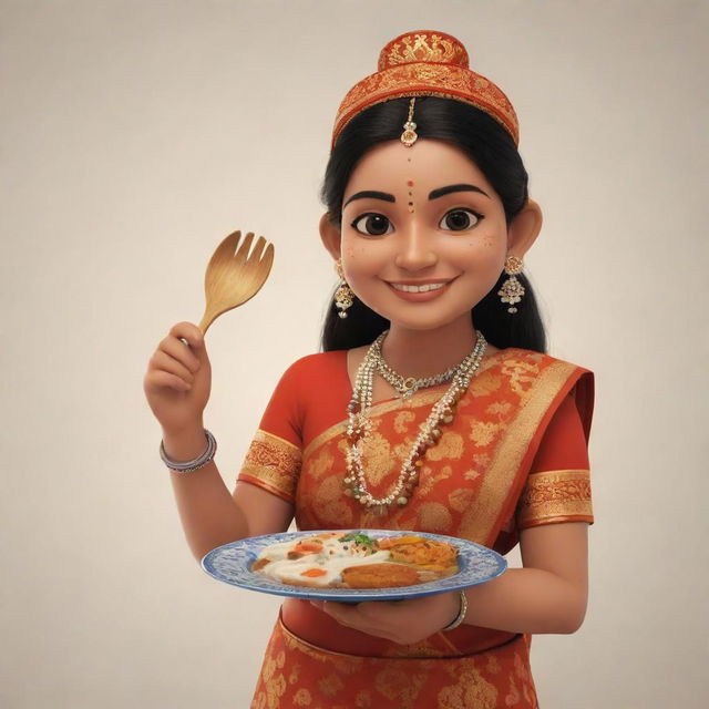 Generate an image of a mascot inspired by Varanasi women, dressed in traditional attire, holding cooking utensils and a plate full of food.