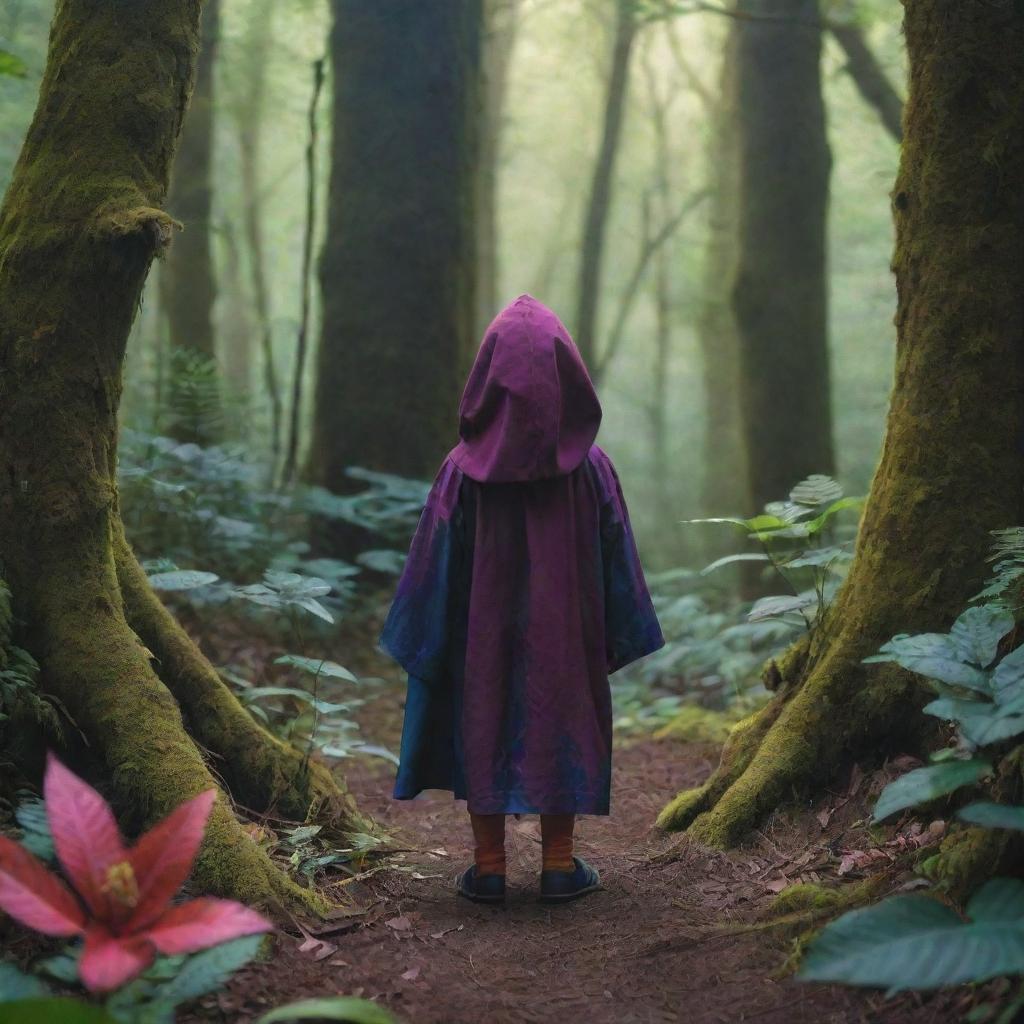 A brave child cloaked in vibrant clothing, lost amidst a lush, dense, mysterious forest. In the undergrowth, shadowy figures of wild creatures can be seen lurking and watching.