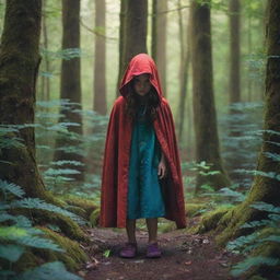 A brave child cloaked in vibrant clothing, lost amidst a lush, dense, mysterious forest. In the undergrowth, shadowy figures of wild creatures can be seen lurking and watching.