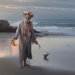 Hyper-realistic candid portrayal of a grey-skinned zombie with a flower headpiece on a beach at dawn, with an old man peacefully fishing in the distance.