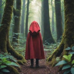 A brave child cloaked in vibrant clothing, lost amidst a lush, dense, mysterious forest. In the undergrowth, shadowy figures of wild creatures can be seen lurking and watching.