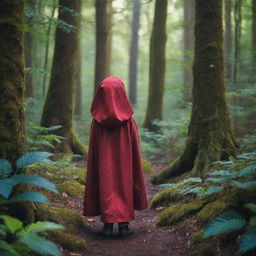 A brave child cloaked in vibrant clothing, lost amidst a lush, dense, mysterious forest. In the undergrowth, shadowy figures of wild creatures can be seen lurking and watching.