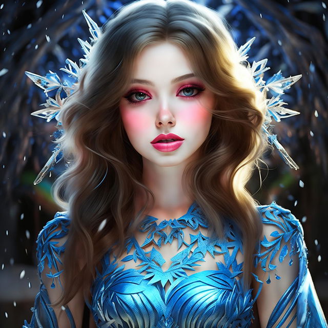 A stunning girl with dark blonde hair, rainbow-colored eyes, and big pink lips, the queen of the snowflakes. She is wearing an intricately detailed, beautiful light blue dress.