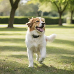 An adorable, playful dog wagging its tail in a lush green, sunny park