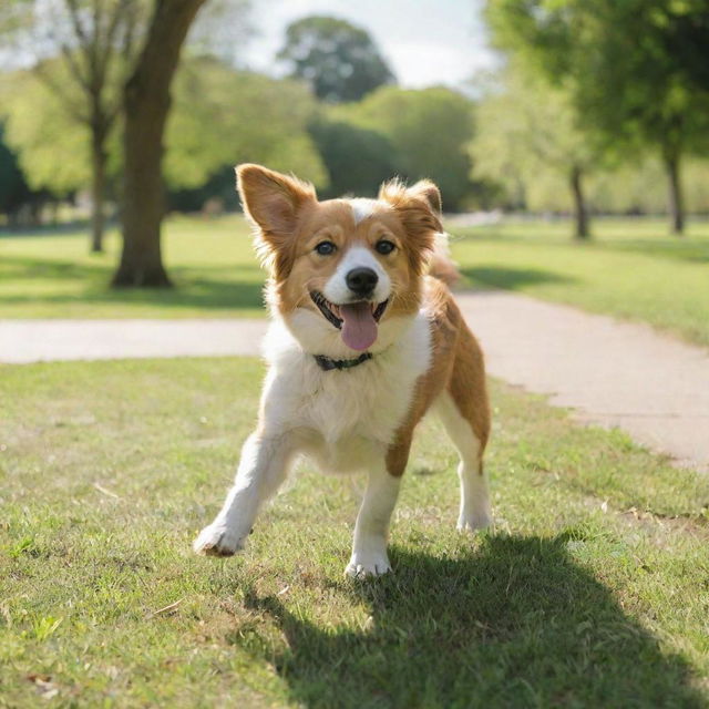 An adorable, playful dog wagging its tail in a lush green, sunny park