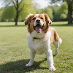 An adorable, playful dog wagging its tail in a lush green, sunny park