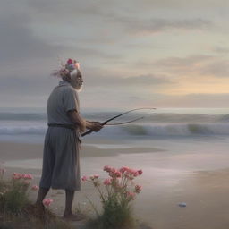 Hyper-realistic candid portrayal of a grey-skinned zombie with a flower headpiece on a beach at dawn, with an old man peacefully fishing in the distance.