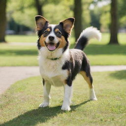 An adorable, playful dog wagging its tail in a lush green, sunny park