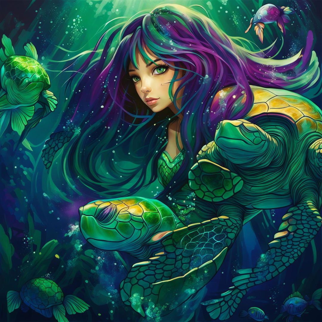 Full body view of exquisite mermaid, highlighting her beautiful sparkling tail layered with green and purple scales. Her long dark hair swirls around her, with fluorescent green eyes glowing, swimming underwater alongside turtles.