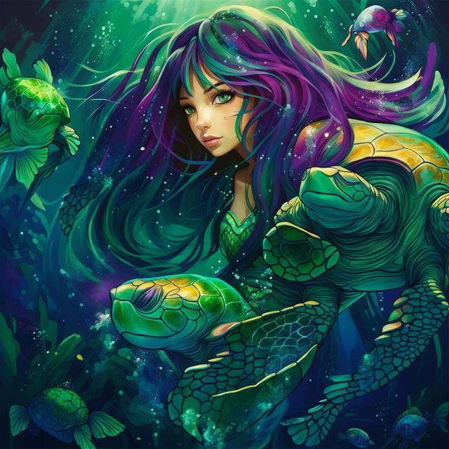 Full body view of exquisite mermaid, highlighting her beautiful sparkling tail layered with green and purple scales. Her long dark hair swirls around her, with fluorescent green eyes glowing, swimming underwater alongside turtles.