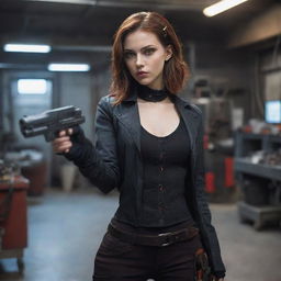 An inventive vampire girl with reddish-brown eyes, holding a futuristic gun in a complex mechanical workshop.