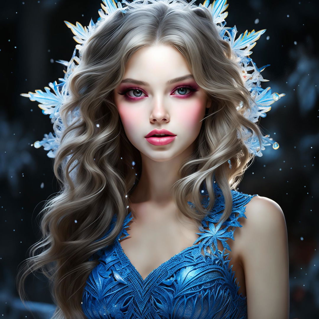 Photorealistic image of a stunning girl with dark blonde hair, rainbow-colored eyes, and big pink lips, the queen of the snowflakes. She is wearing an intricately detailed, beautiful light blue dress.