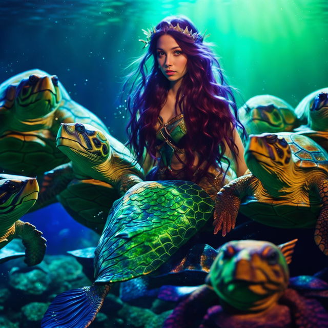 Full body shot from a distance of the exquisite mermaid. She shines from the middle distance with a sparkling tail layered with green and purple scales, long dark hair, fluorescent green eyes, accompanied by turtles underwater.