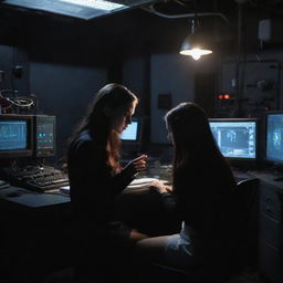 Inventive vampire girl engrossed in the creation of a dangerous, high-tech device in her shadowy, atmospheric laboratory.