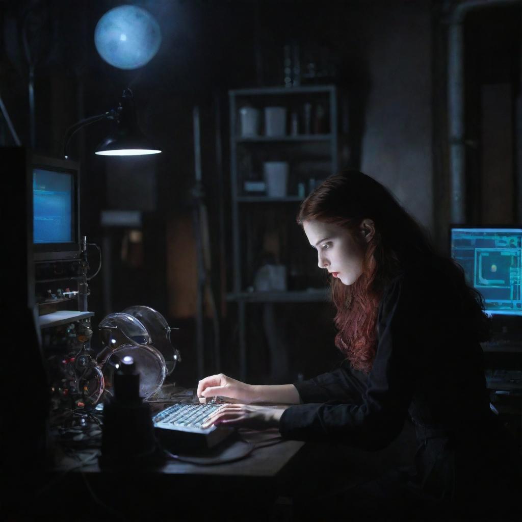 Inventive vampire girl engrossed in the creation of a dangerous, high-tech device in her shadowy, atmospheric laboratory.