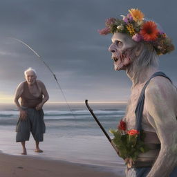 Hyper-realistic candid portrayal of a grey-skinned zombie with a flower headpiece on a beach at dawn, with an old man peacefully fishing in the distance.