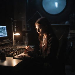 Inventive vampire girl engrossed in the creation of a dangerous, high-tech device in her shadowy, atmospheric laboratory.