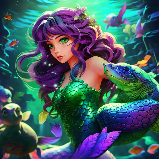 2.5D animation style image of a distant full body shot of an exquisite mermaid. Details highlighting her sparkling green and purple scale-covered tail, swirling dark hair, fluorescent green eyes, swimming with turtles underwater.