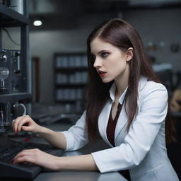 An inventive vampire girl passionately working on a revolutionary invention within the bustling ambiance of her hi-tech lab.