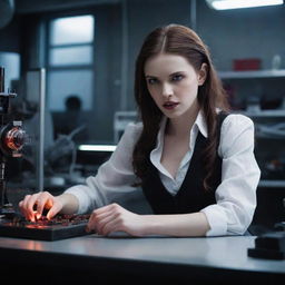 An inventive vampire girl passionately working on a revolutionary invention within the bustling ambiance of her hi-tech lab.