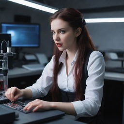 An inventive vampire girl passionately working on a revolutionary invention within the bustling ambiance of her hi-tech lab.