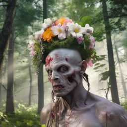 A hyper-realistic, candid image of a grey-skinned zombie wearing a flower headpiece, with a flower dramatically growing from its eye socket, positioned within a dense forest.