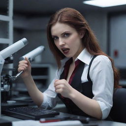 An inventive vampire girl passionately working on a revolutionary invention within the bustling ambiance of her hi-tech lab.