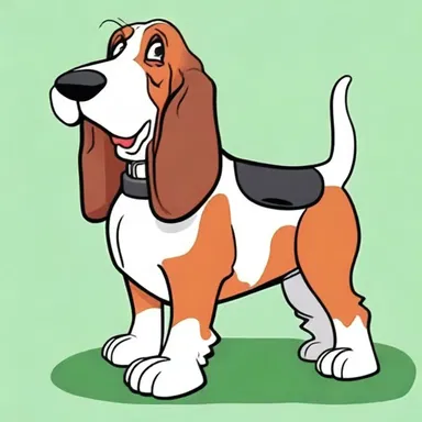 In the cartoon, the basset hound is portrayed as a lazy and comedic character with its distinctive long ears and short legs.