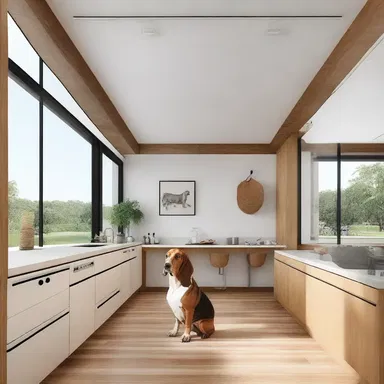 The basset-inspired architectural design includes low ceilings and elongated windows, mimicking the features of the breed.