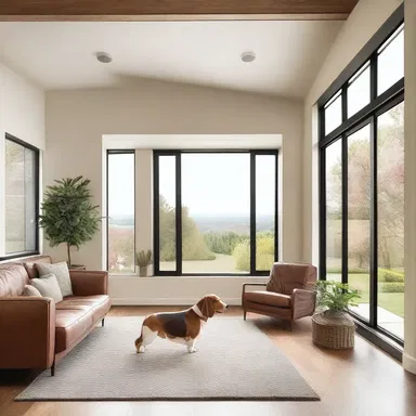 The basset-inspired architectural design includes low ceilings and elongated windows, mimicking the features of the breed.