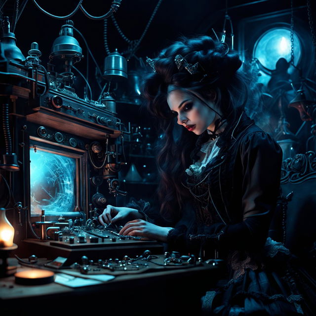 A gothic vampire girl inventor engrossed in creating a complex, yet dangerous piece of technology in her poorly-lit vampire lair covered in victorian decor.