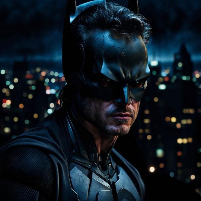 High resolution closeup portrait of Brad Pitt styled as Nolan's Batman, brooding against a dark cityscape backdrop. A batsignal light illuminates his rugged features, exuding an atmosphere of eeriness and hopelessness.