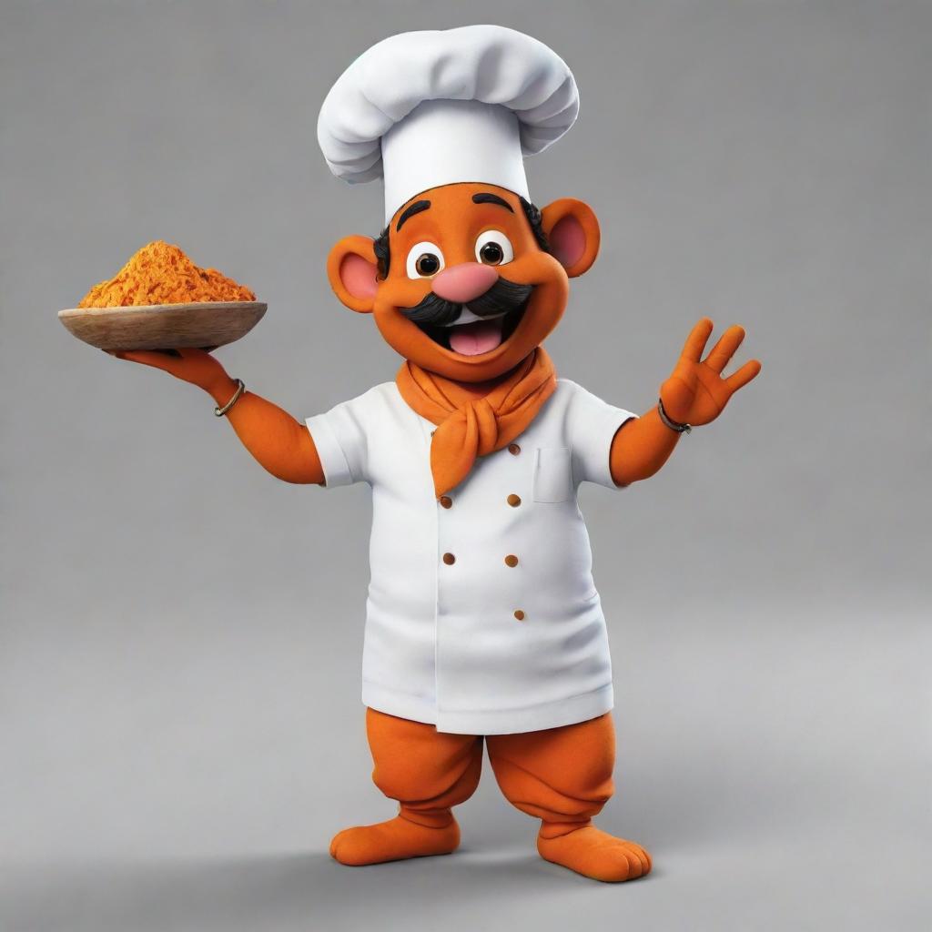 Generate an image of a playful mascot that combines the essence of Varanasi culture with a chef character.