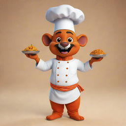 Generate an image of a playful mascot that combines the essence of Varanasi culture with a chef character.