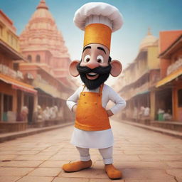 Generate an image of a playful mascot that combines the essence of Varanasi culture with a chef character.