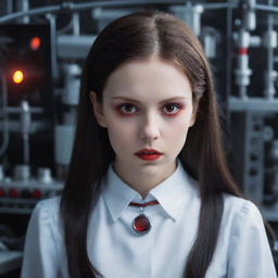 A striking vampire girl, with mesmerizing red eyes deeply focused on creating an ingenious device inside her advanced, atmospheric laboratory.