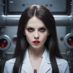 A striking vampire girl, with mesmerizing red eyes deeply focused on creating an ingenious device inside her advanced, atmospheric laboratory.