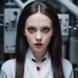 A striking vampire girl, with mesmerizing red eyes deeply focused on creating an ingenious device inside her advanced, atmospheric laboratory.