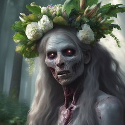 A hyper-realistic, candid image of a grey-skinned zombie wearing a flower headpiece, with a flower dramatically growing from its eye socket, positioned within a dense forest.