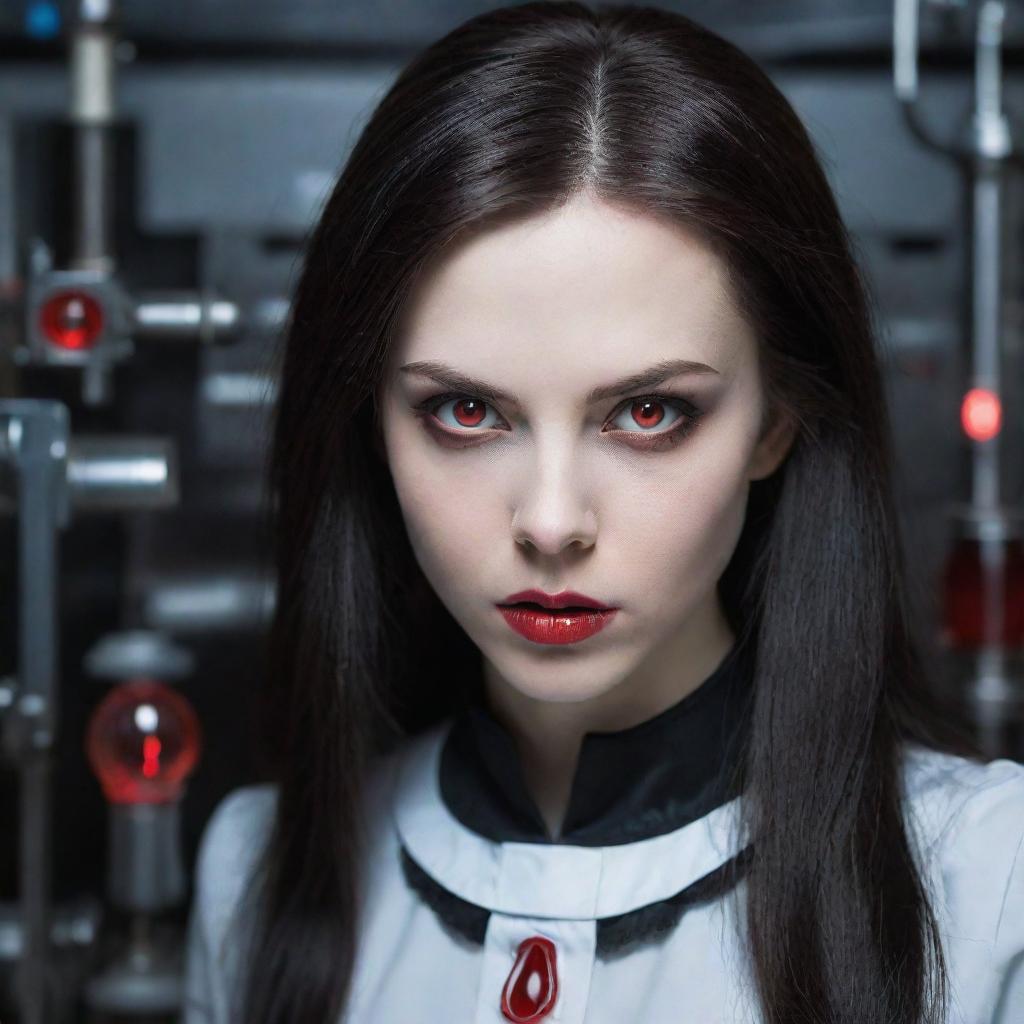 A striking vampire girl, with mesmerizing red eyes deeply focused on creating an ingenious device inside her advanced, atmospheric laboratory.