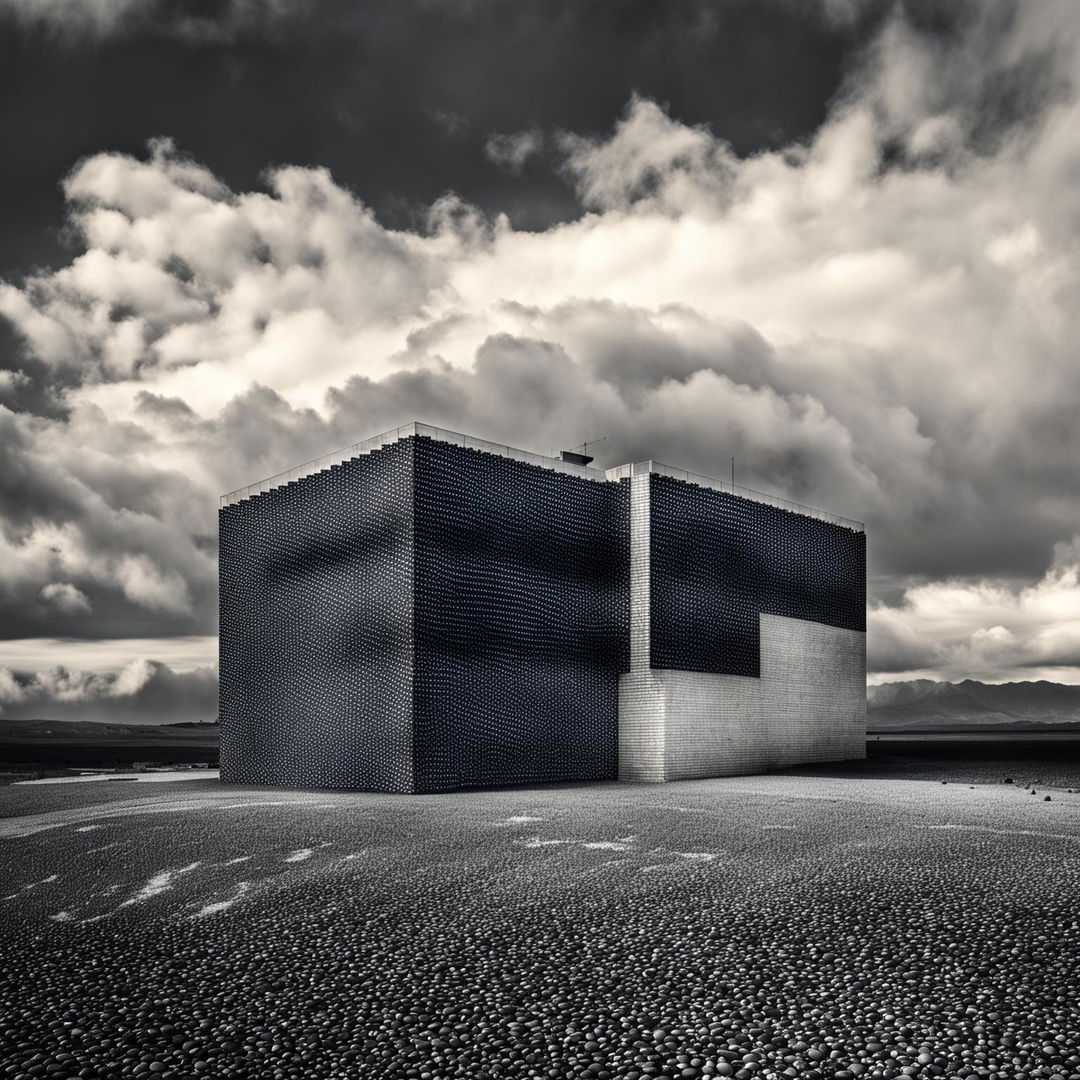 An architectural masterpiece of a building composed of black and white pebbles, situated in a vast, empty landscape. Above, low, hovering clouds create an atmosphere of mystery.