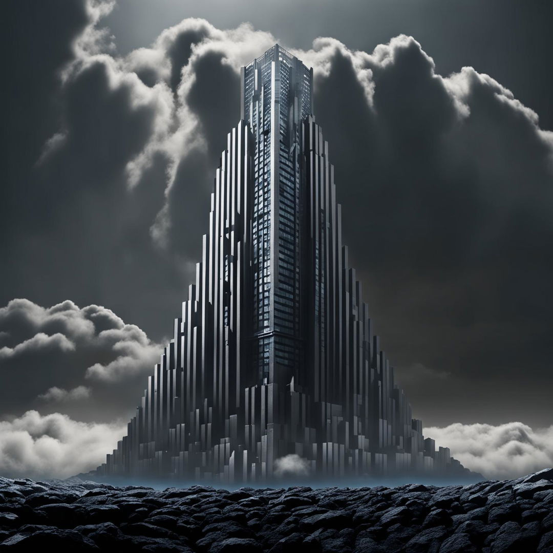 A skyscraper, an architectural masterpiece composed of black and white pebbles, rises majestically in a vast, empty landscape. Eerie low clouds hover around, adding to the mysterious vibe.