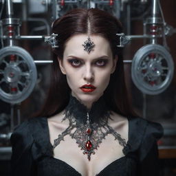 A terrifying yet beautiful vampire woman, with captivating red eyes, innovating an intricate device in her grand, sophisticated lab.