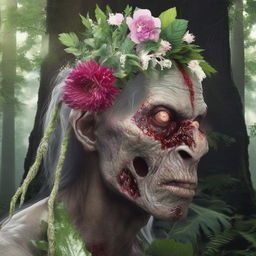 A hyper-realistic, candid image of a grey-skinned zombie wearing a flower headpiece, with a flower dramatically growing from its eye socket, positioned within a dense forest.