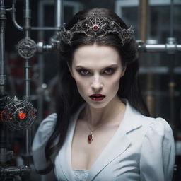 A terrifying yet beautiful vampire woman, with captivating red eyes, innovating an intricate device in her grand, sophisticated lab.