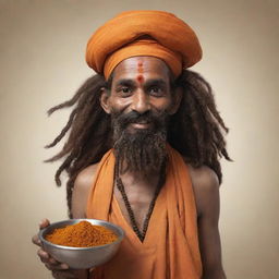 Generate a unique mascot inspired by wandering holy men, or sadhus, from Varanasi. The character should have distinctive features including traditional attire, dreadlocks, and a bowl filled with aromatic spices.