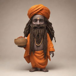 Generate a unique mascot inspired by wandering holy men, or sadhus, from Varanasi. The character should have distinctive features including traditional attire, dreadlocks, and a bowl filled with aromatic spices.