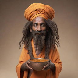 Generate a unique mascot inspired by wandering holy men, or sadhus, from Varanasi. The character should have distinctive features including traditional attire, dreadlocks, and a bowl filled with aromatic spices.