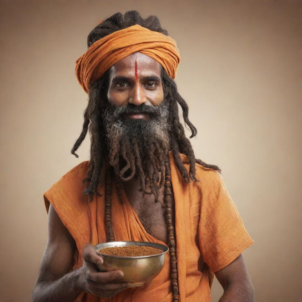 Generate a unique mascot inspired by wandering holy men, or sadhus, from Varanasi. The character should have distinctive features including traditional attire, dreadlocks, and a bowl filled with aromatic spices.